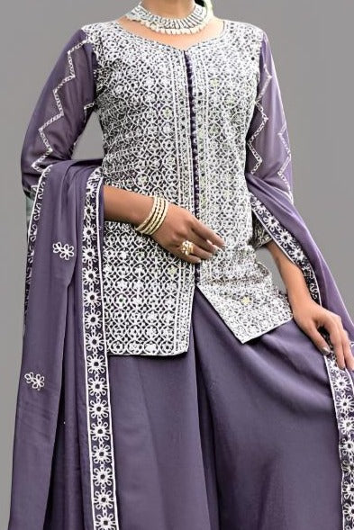 Elegant purple sheer tunic with matching palazzo, crafted for modern women’s fashion.