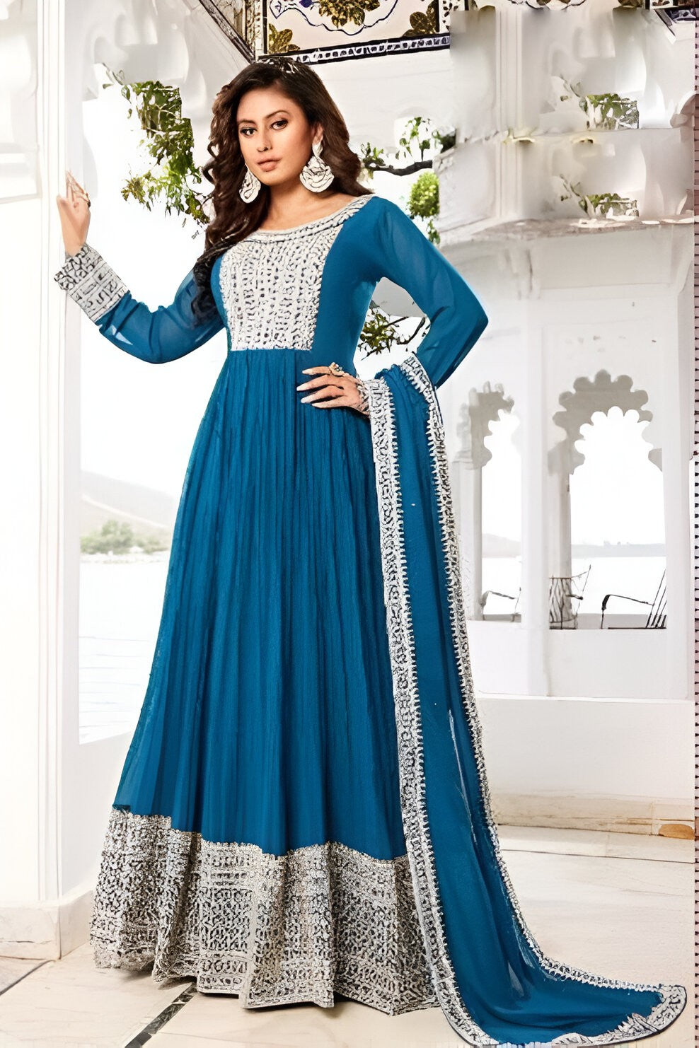 Blue georgette Anarkali gown, perfect for elegant weddings and special events.