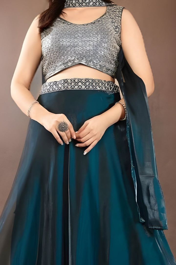 Elegant deep sea blue lehenga set crafted for women’s fashion.