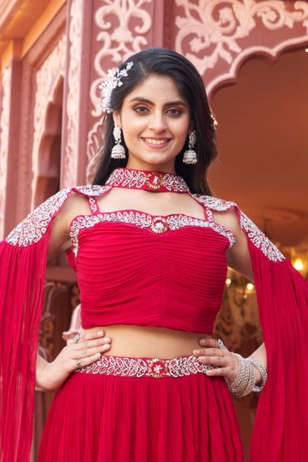 Gorgeous red crop top skirt lehenga in georgette fabric, designed for stylish and comfortable party wear.