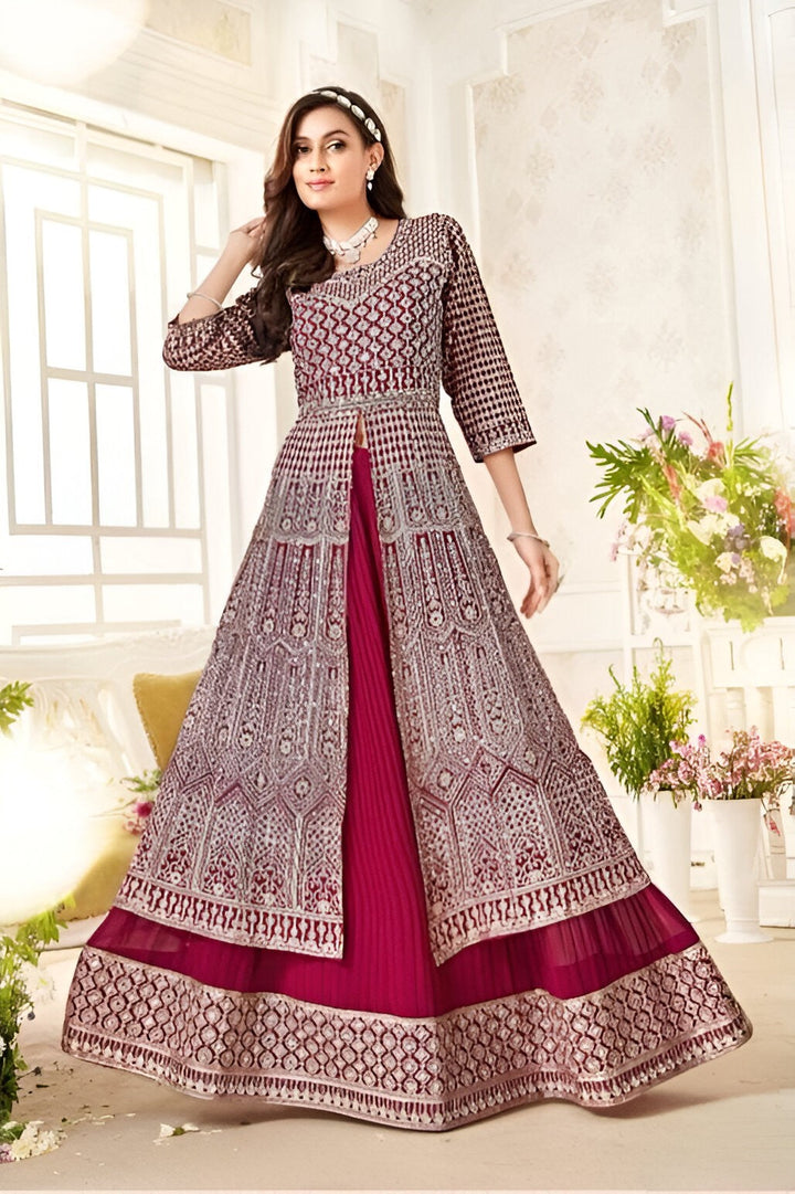 Vibrant bright pink peplum lehenga set; crafted in soft fabric for weddings and celebrations.