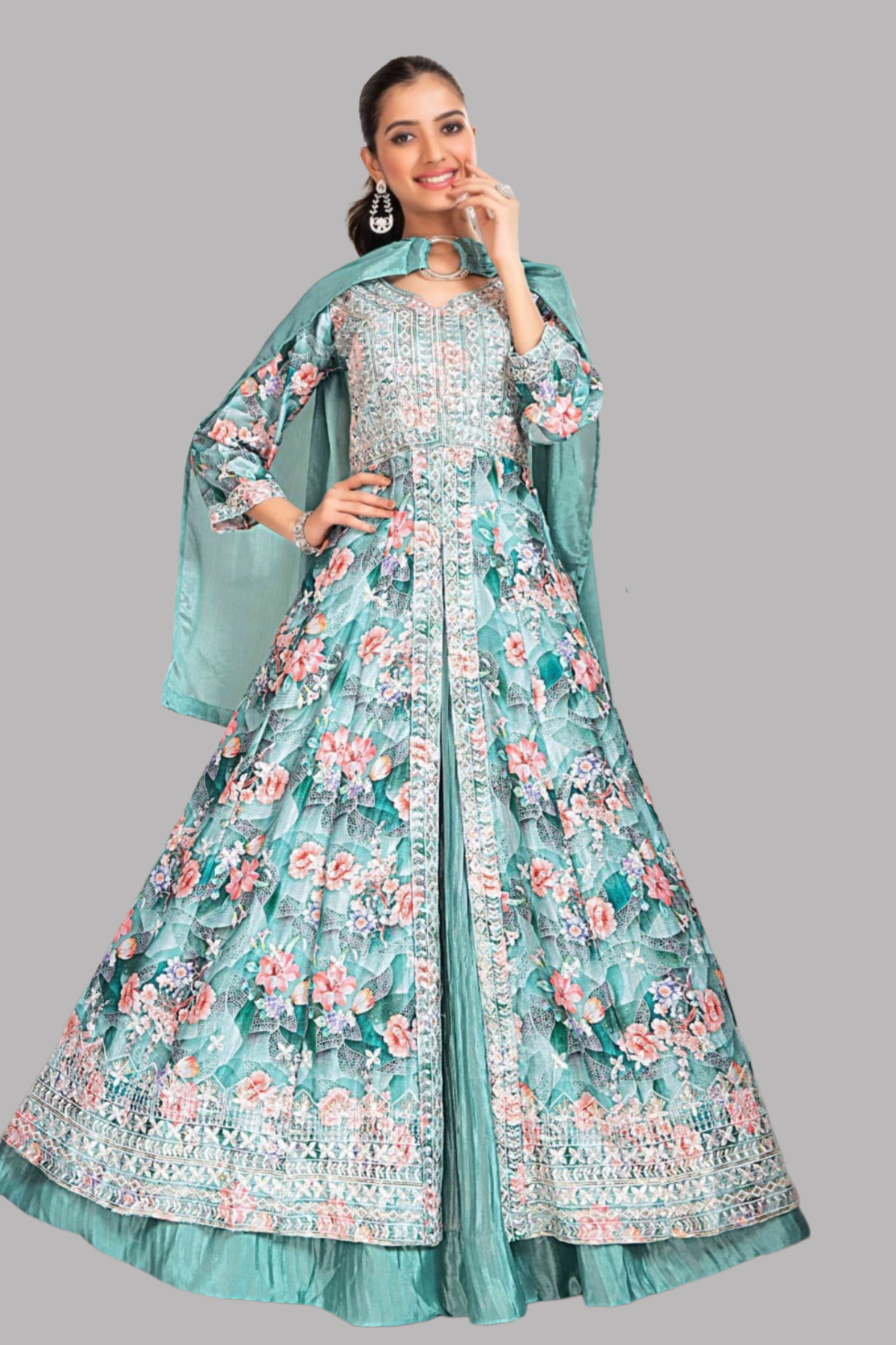 Chic sea blue peplum lehenga designed for women, perfect for parties and weddings.