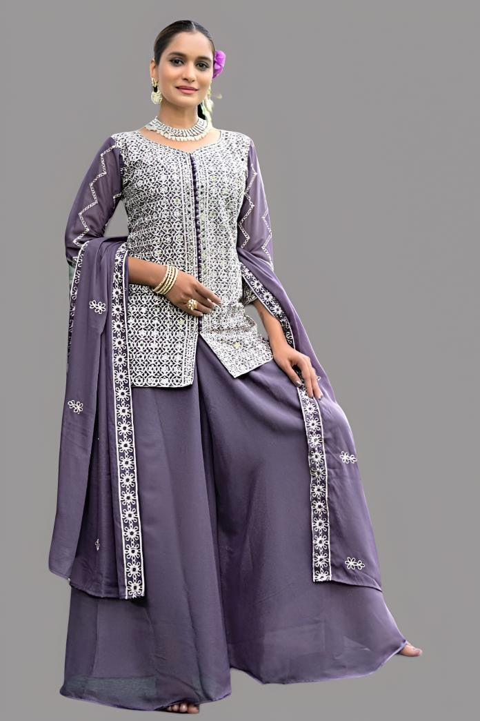 Purple georgette sheer tunic with lurex palazzo, perfect for stylish women's wear.