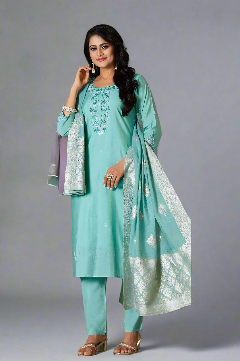 Elegant sea green kurti set featuring a shimmer kurta, matching pants, and dupatta, perfect for festive occasions.