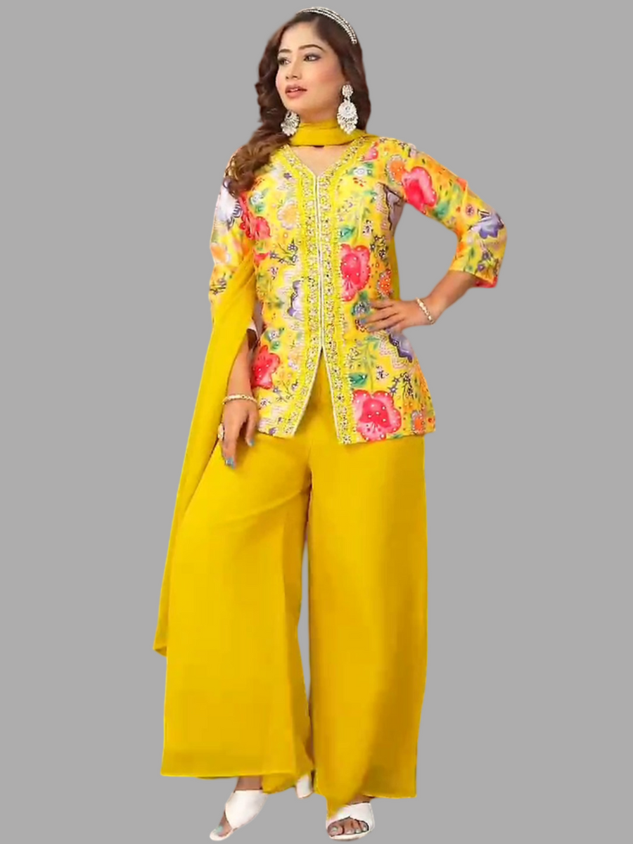 Yellow georgette palazzo set with shimmery lurex bottom, perfect for festive gatherings.