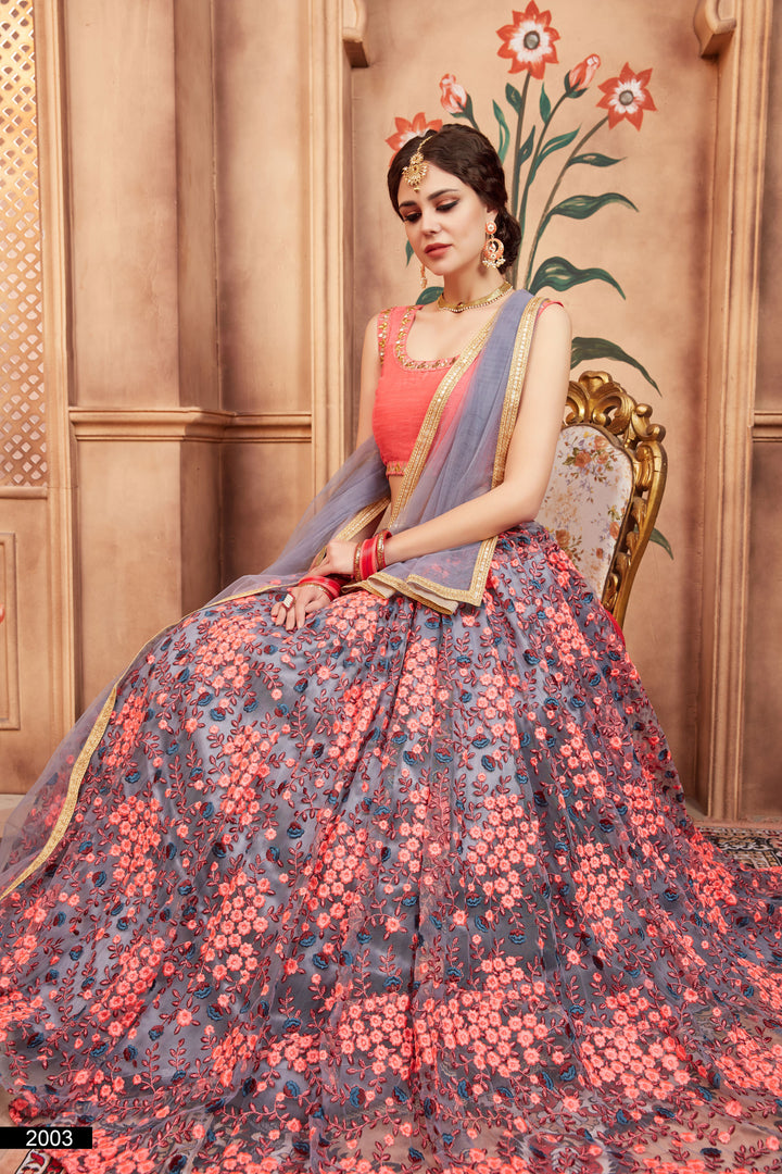 Grey Embroidered Lehenga Choli | Art Silk & Soft Net with Dupatta