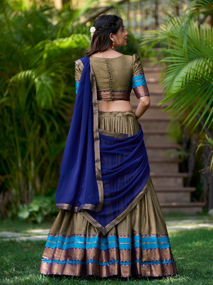 Attractive Olive Green Zari Weaving Cotton Traditional Half Saree Lehenga