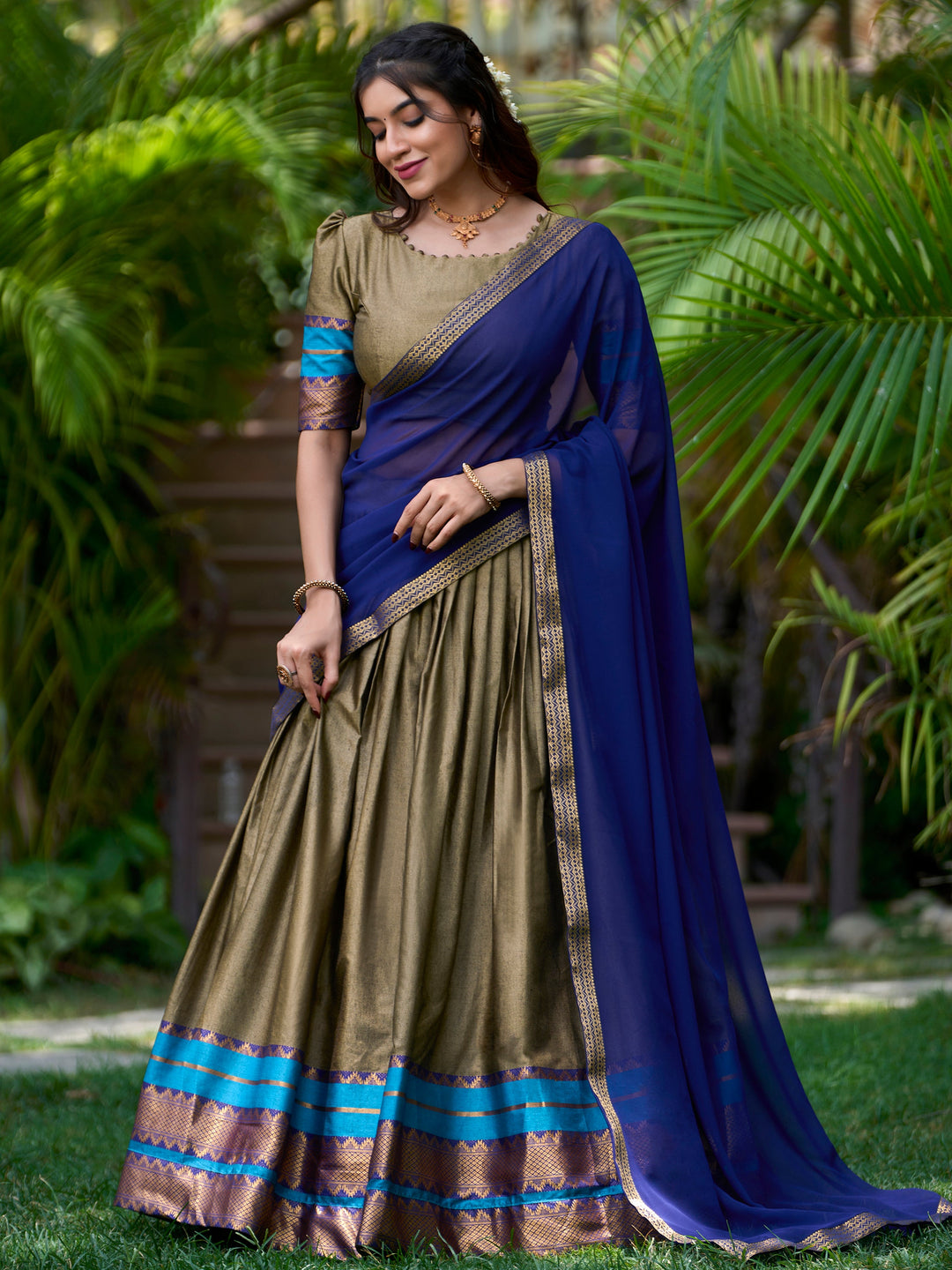 Attractive Olive Green Zari Weaving Cotton Traditional Half Saree Lehenga