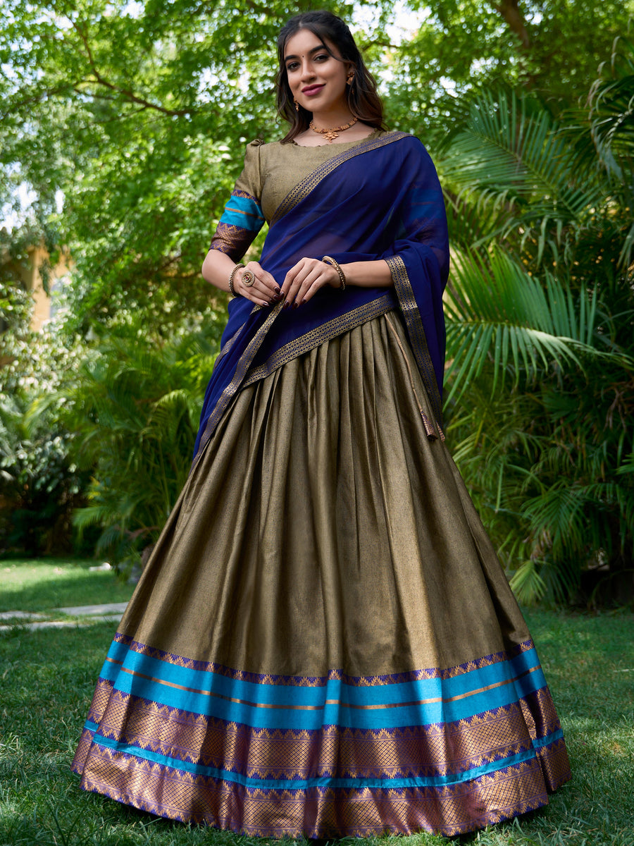 Attractive Olive Green Zari Weaving Cotton Traditional Half Saree Lehenga