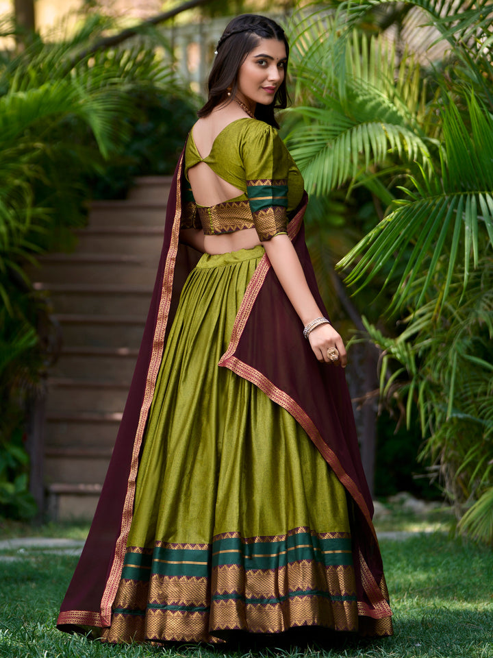 Mesmerizing Green Zari Weaving Cotton Half Saree Lehenga