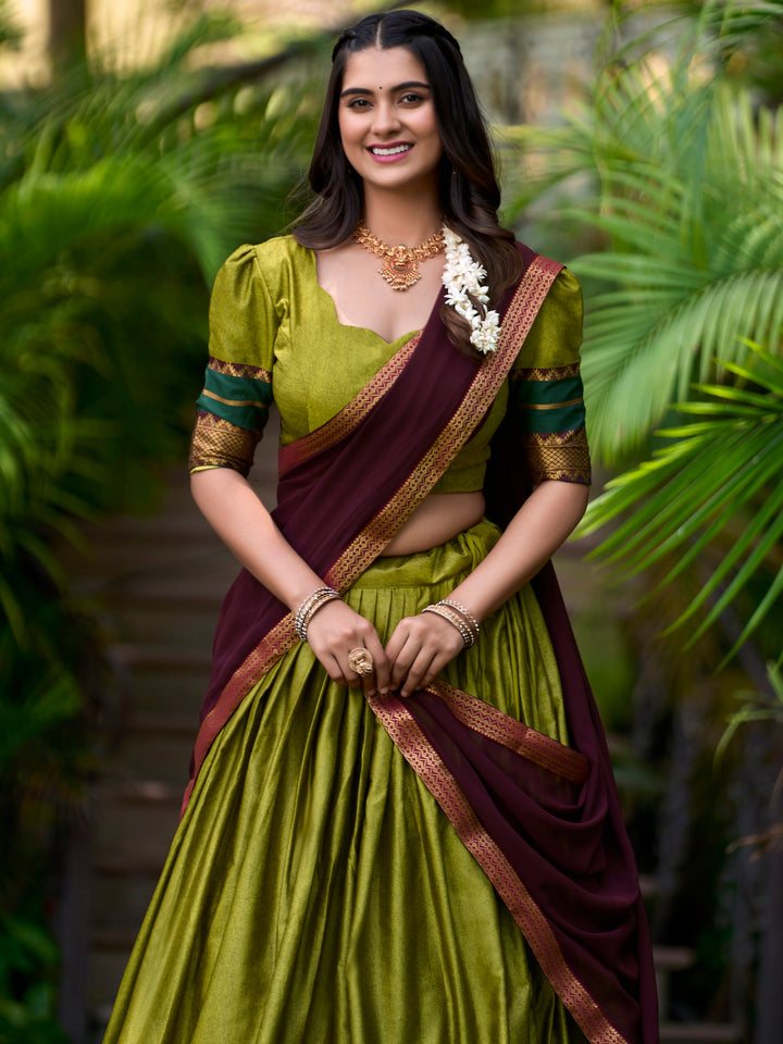 Mesmerizing Green Zari Weaving Cotton Half Saree Lehenga