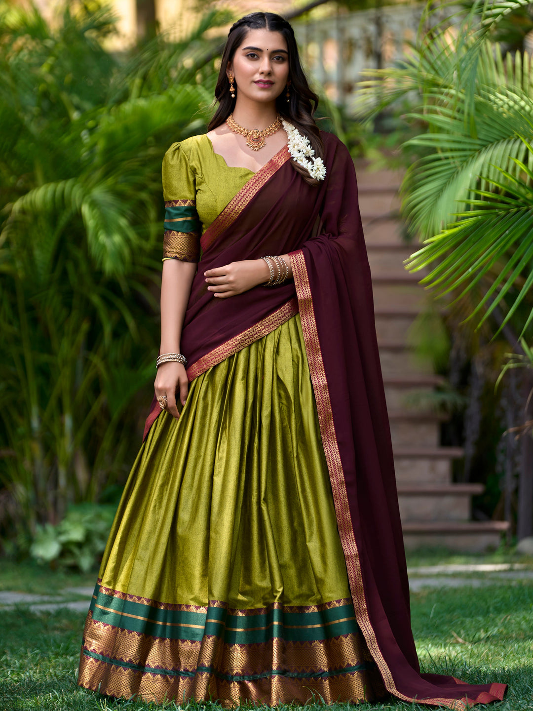 Mesmerizing Green Zari Weaving Cotton Half Saree Lehenga