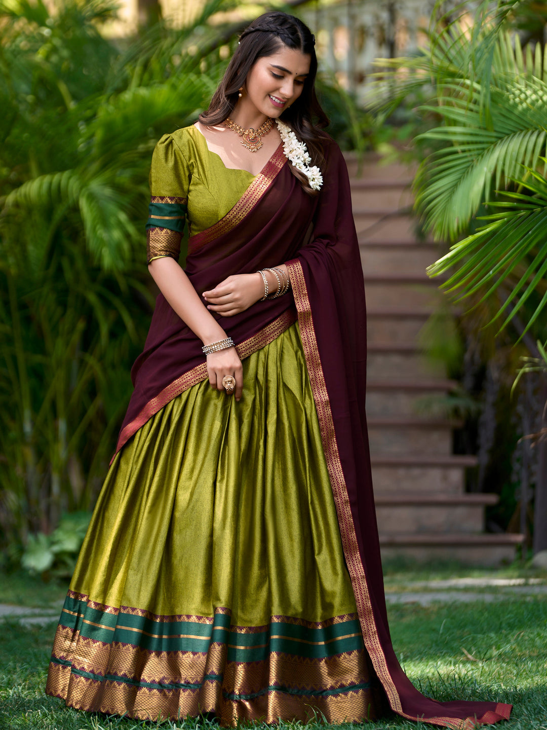 Mesmerizing Green Zari Weaving Cotton Half Saree Lehenga