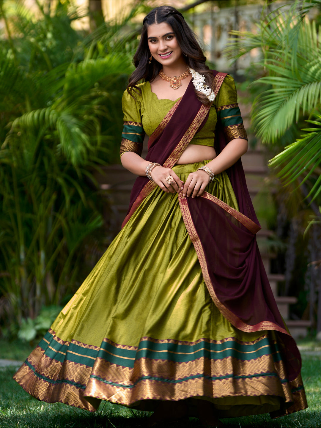 Mesmerizing Green Zari Weaving Cotton Half Saree Lehenga