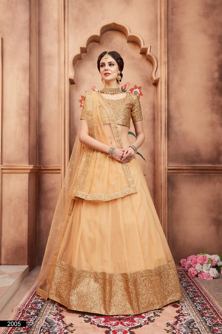 Beige Embroidered Lehenga Choli Set | Soft Net with Dupatta for Wedding