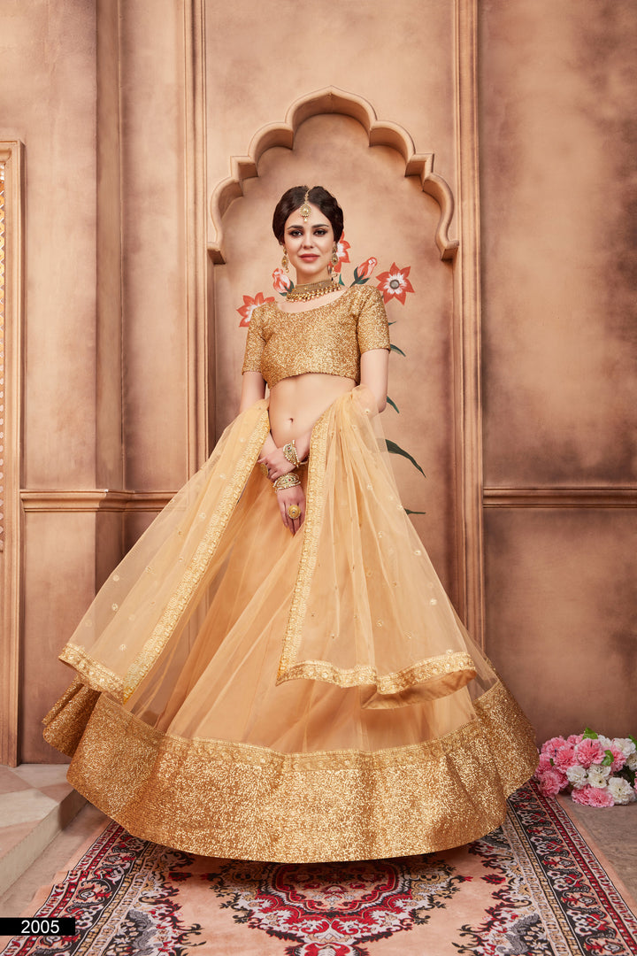 Beige Embroidered Lehenga Choli Set | Soft Net with Dupatta for Wedding