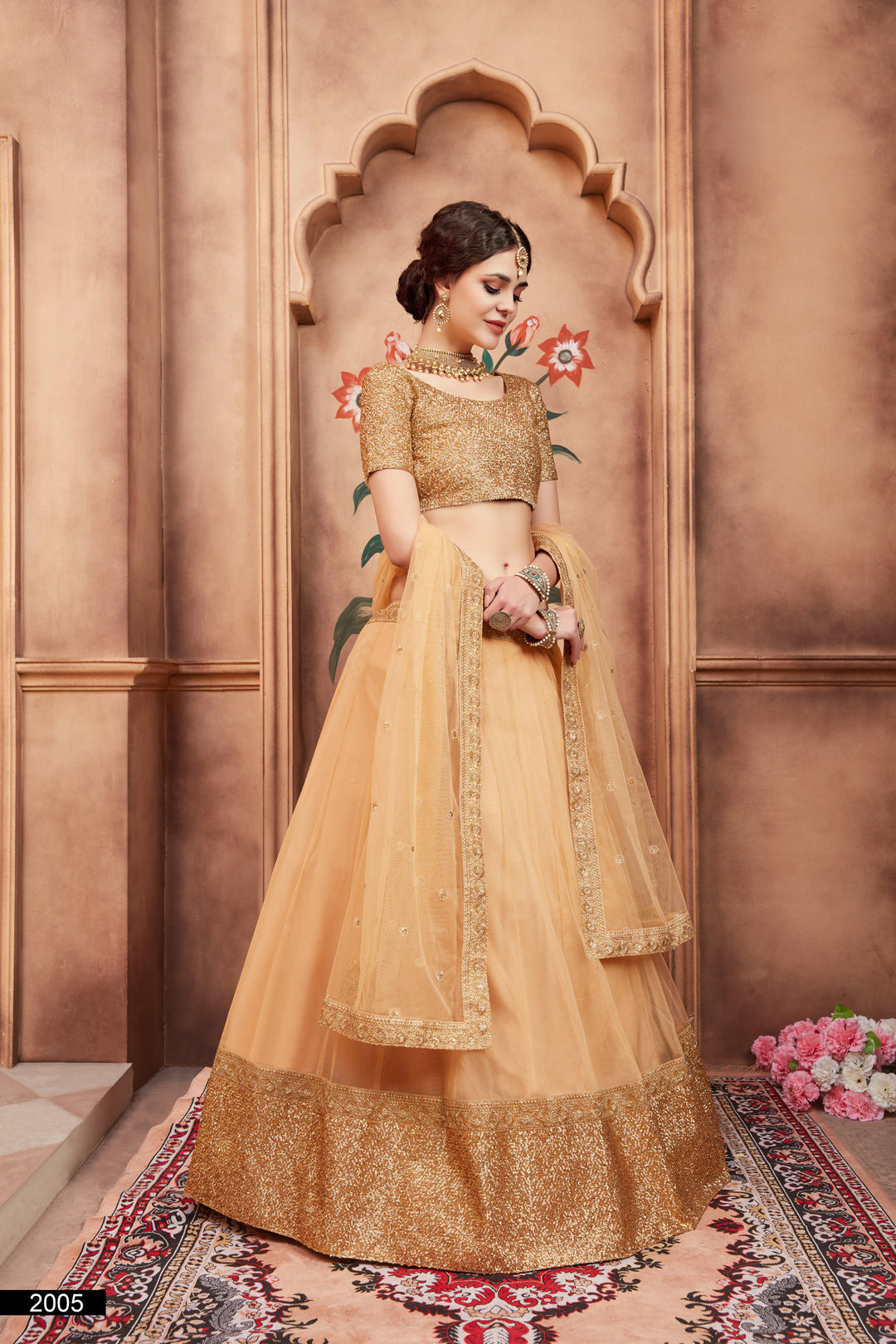 Beige Embroidered Lehenga Choli Set | Soft Net with Dupatta for Wedding