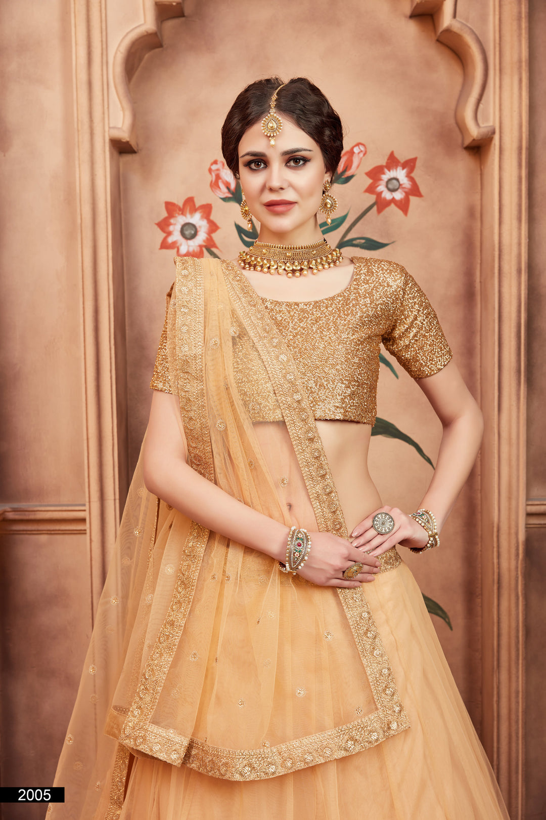 Beige Embroidered Lehenga Choli Set | Soft Net with Dupatta for Wedding