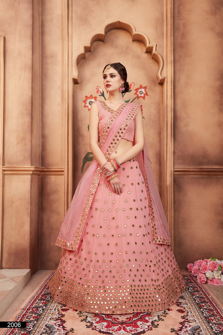 Peach Embroidered Lehenga Choli Set | Soft Net Dupatta with Sequins