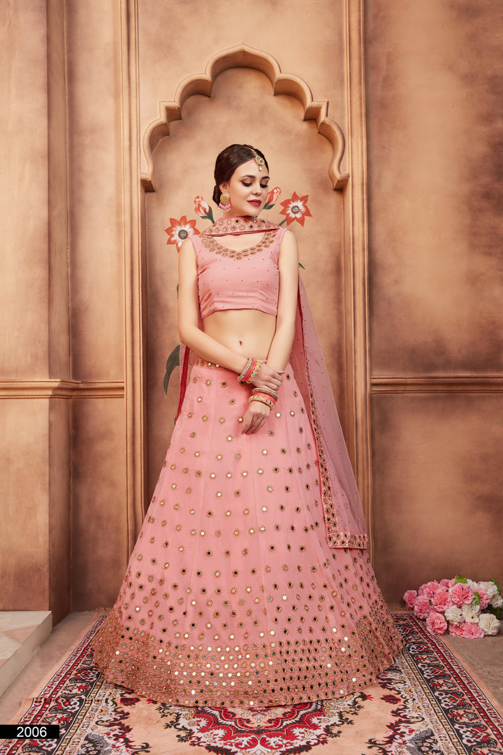 Peach Embroidered Lehenga Choli Set | Soft Net Dupatta with Sequins