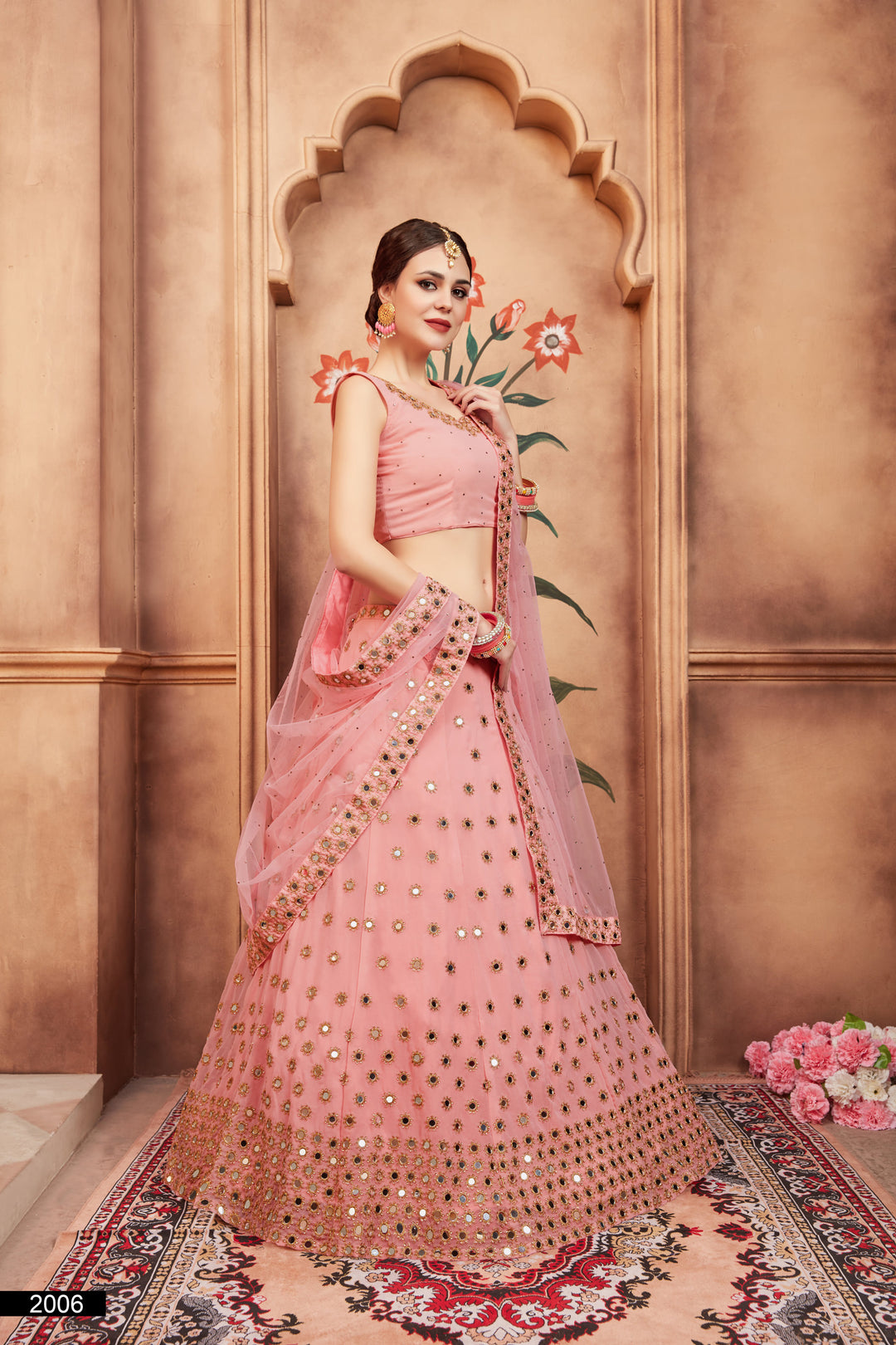 Peach Embroidered Lehenga Choli Set | Soft Net Dupatta with Sequins