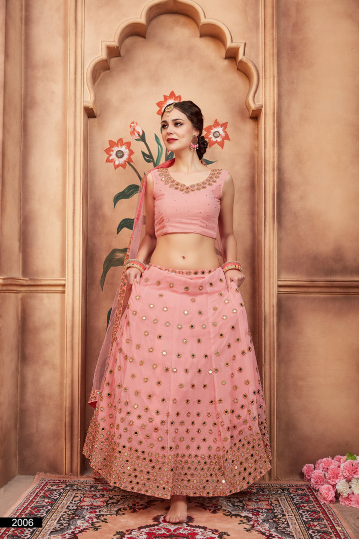 Peach Embroidered Lehenga Choli Set | Soft Net Dupatta with Sequins