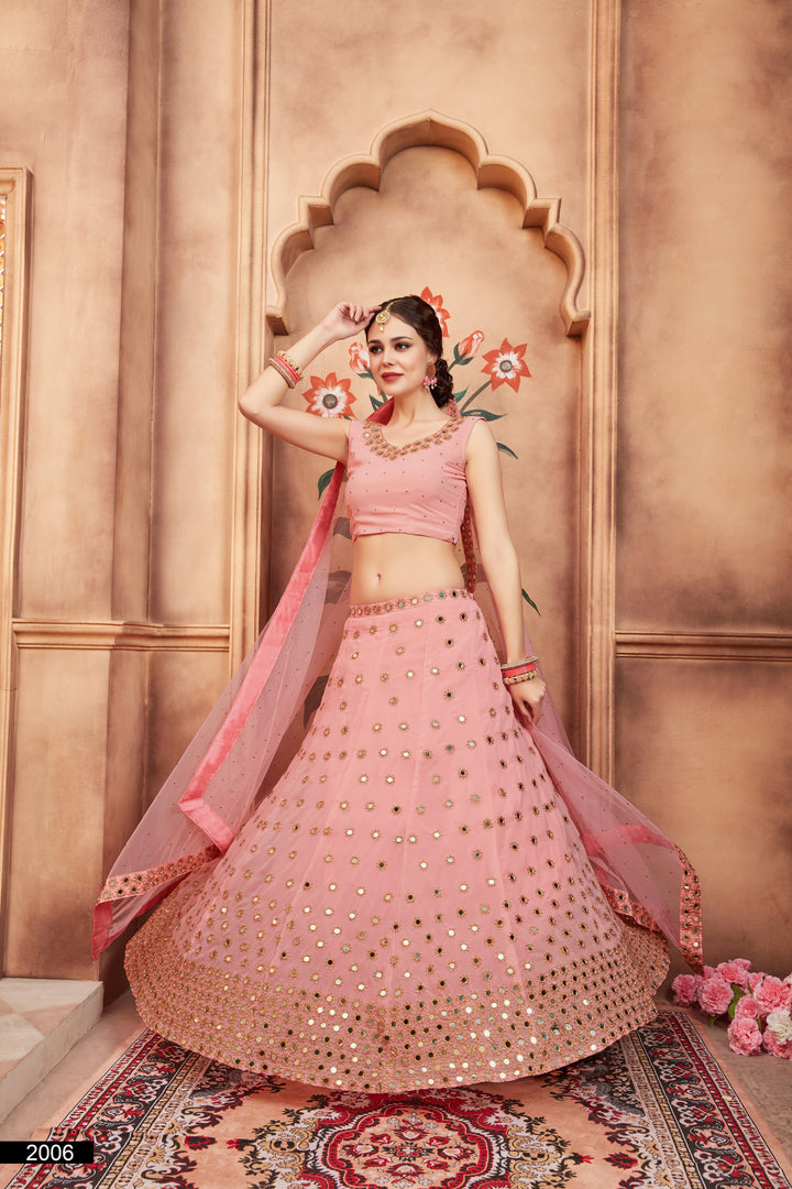 Peach Embroidered Lehenga Choli Set | Soft Net Dupatta with Sequins