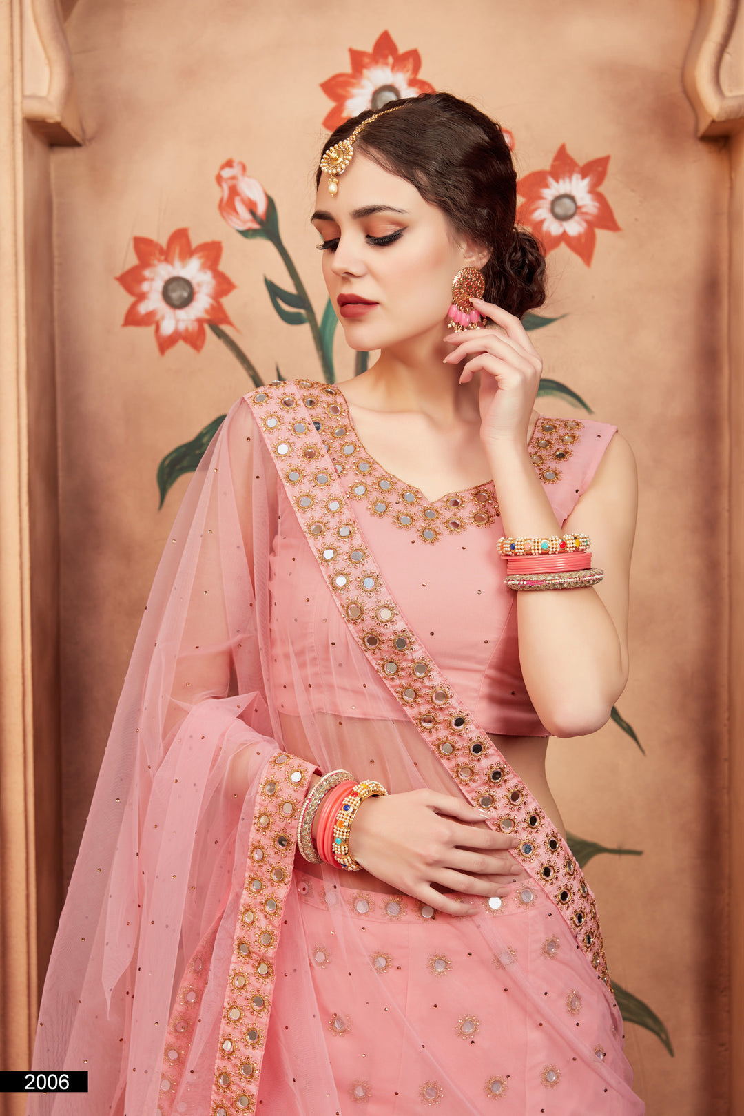 Peach Embroidered Lehenga Choli Set | Soft Net Dupatta with Sequins