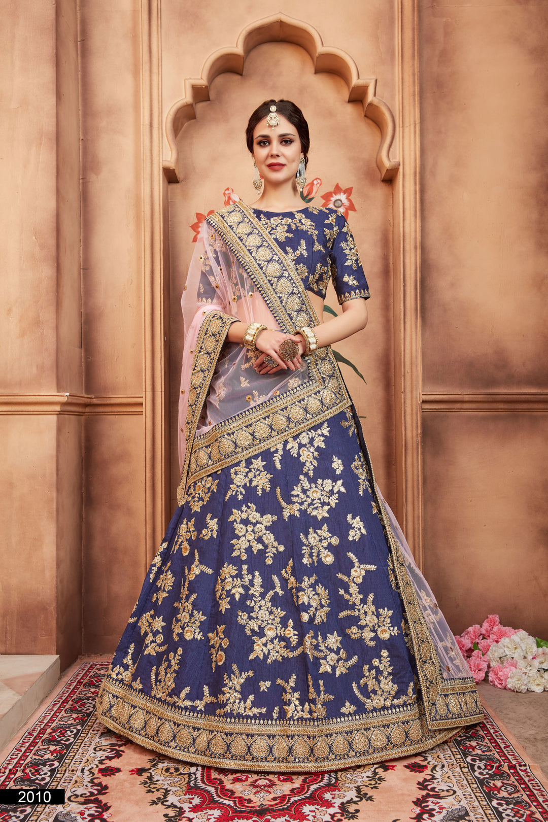 Navy Blue Embroidered Lehenga Choli Set | Art Silk with Soft Net Dupatta