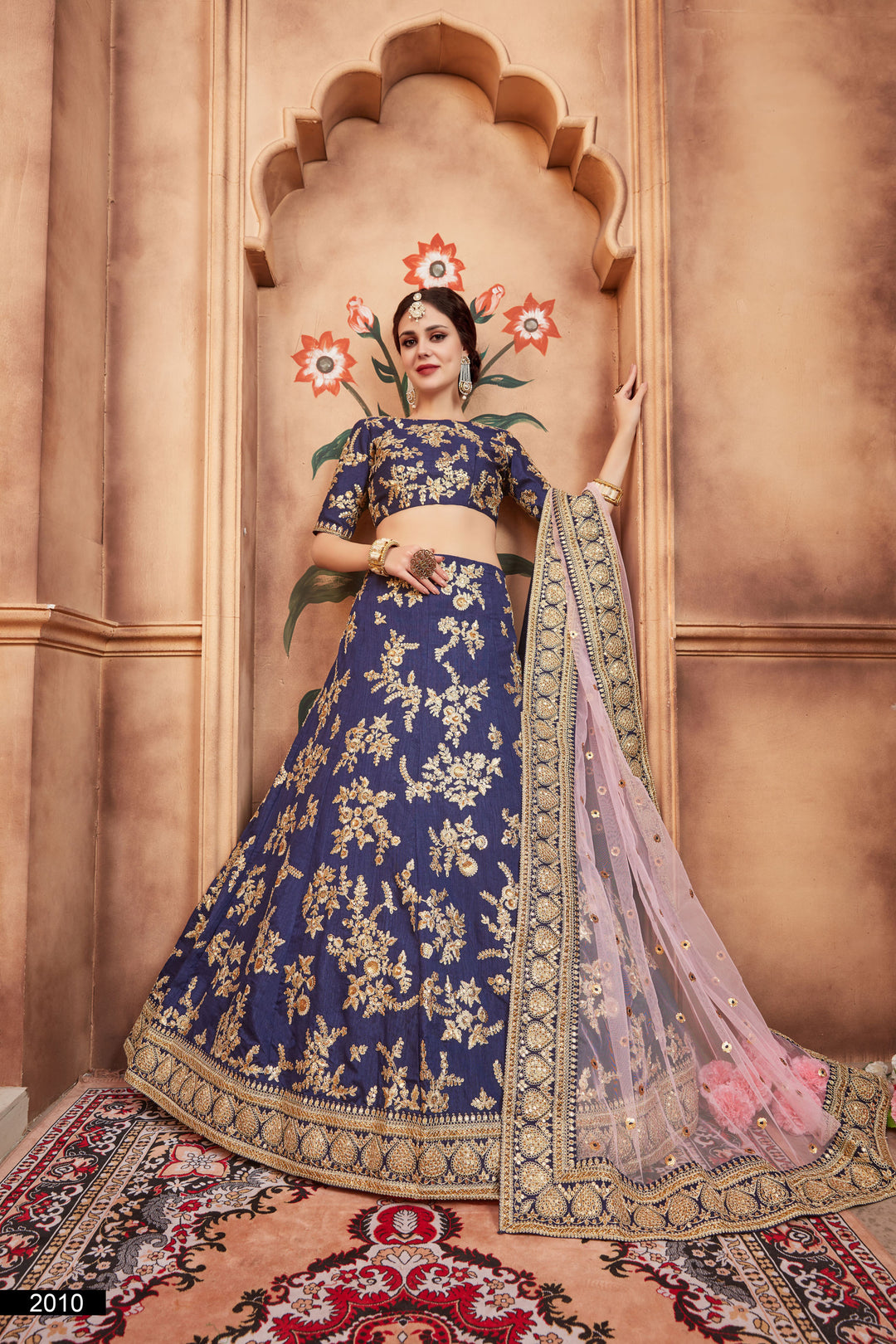 Navy Blue Embroidered Lehenga Choli Set | Art Silk with Soft Net Dupatta