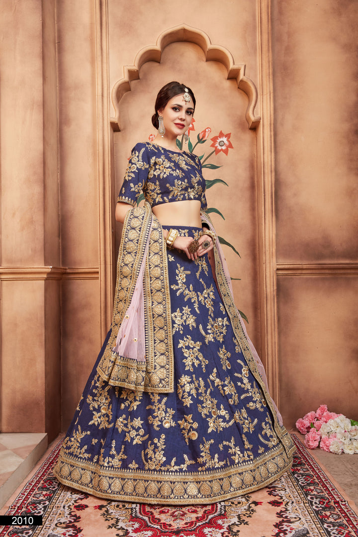 Navy Blue Embroidered Lehenga Choli Set | Art Silk with Soft Net Dupatta