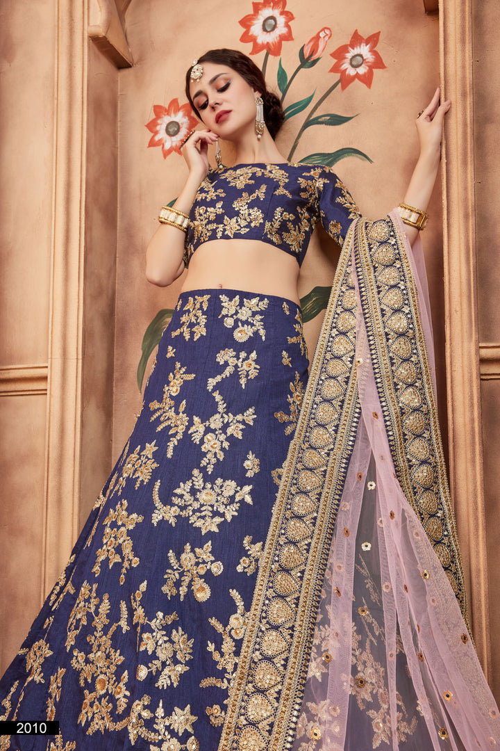 Navy Blue Embroidered Lehenga Choli Set | Art Silk with Soft Net Dupatta