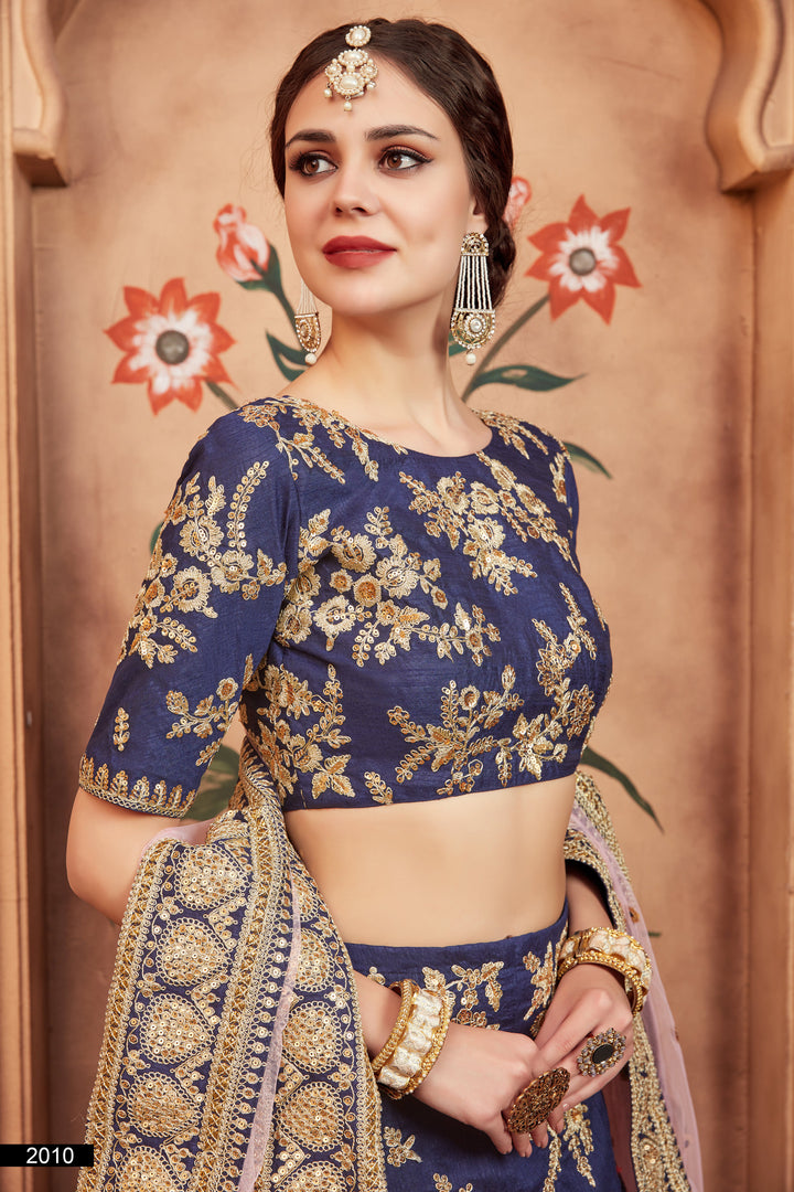 Navy Blue Embroidered Lehenga Choli Set | Art Silk with Soft Net Dupatta