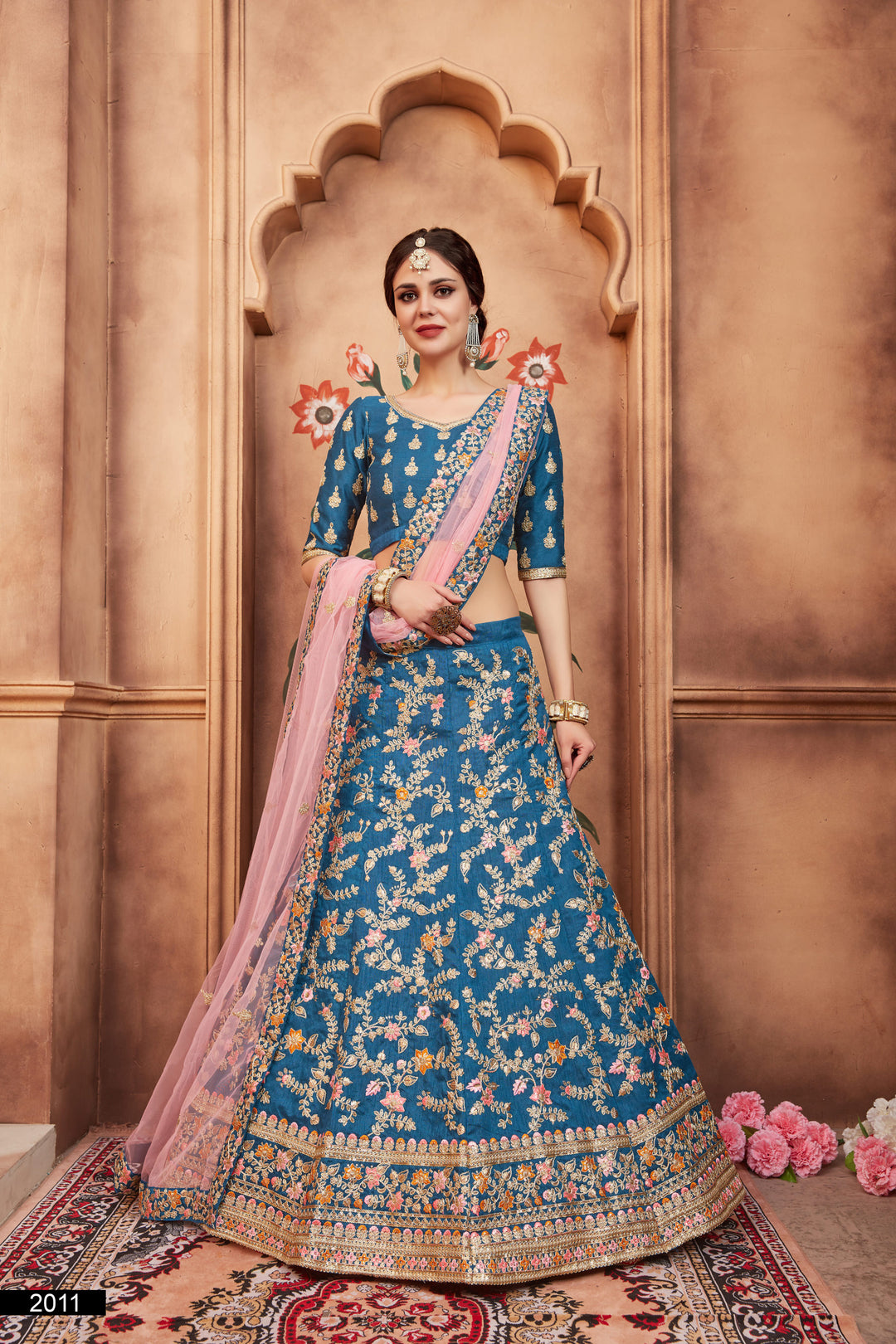 Blue Lehenga Choli Set | Embroidered Art Silk & Soft Net Dupatta