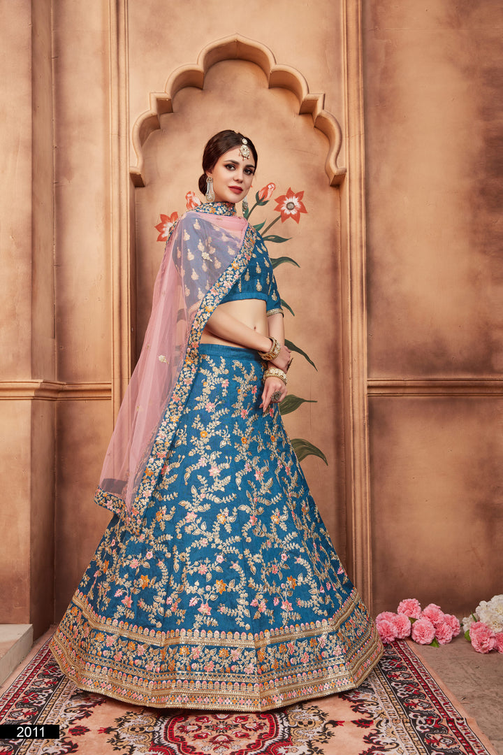 Blue Lehenga Choli Set | Embroidered Art Silk & Soft Net Dupatta