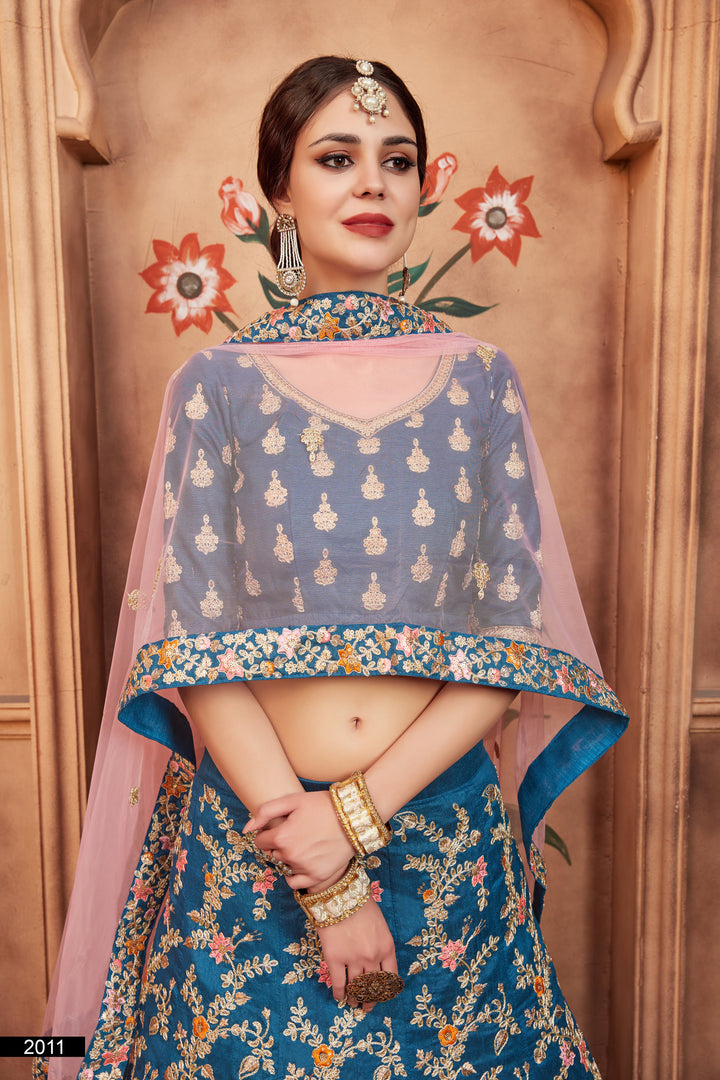 Blue Lehenga Choli Set | Embroidered Art Silk & Soft Net Dupatta