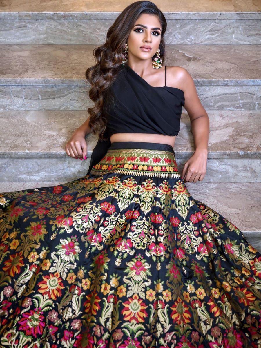 Black Banarasi Silk Crop Top Lehenga | Zari Weaving Indo-Western Set