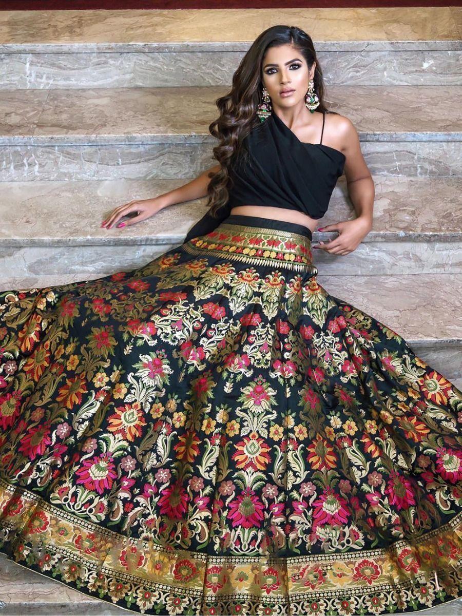 Black Banarasi Silk Crop Top Lehenga | Zari Weaving Indo-Western Set