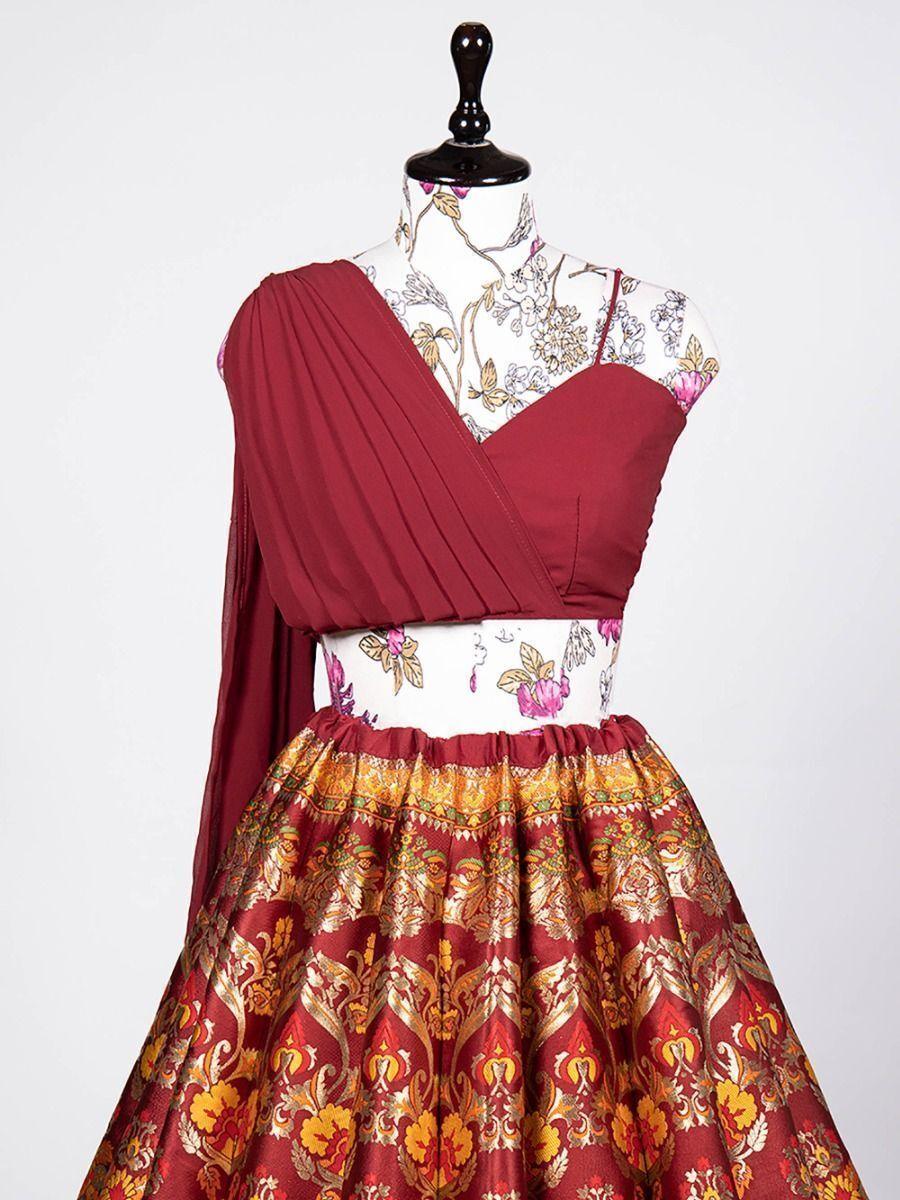 Semi-Stitched Maroon Lehenga | Banarasi Silk with Multi-Color Thread Work