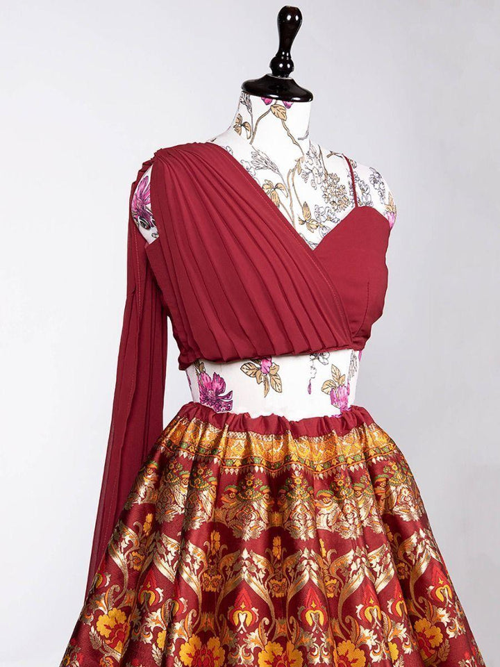 Semi-Stitched Maroon Lehenga | Banarasi Silk with Multi-Color Thread Work