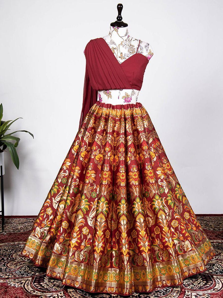 Semi-Stitched Maroon Lehenga | Banarasi Silk with Multi-Color Thread Work