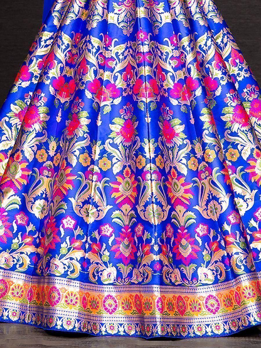 Party Wear Lehenga | Blue Banarasi Silk Crop Top with Pleated Dupatta