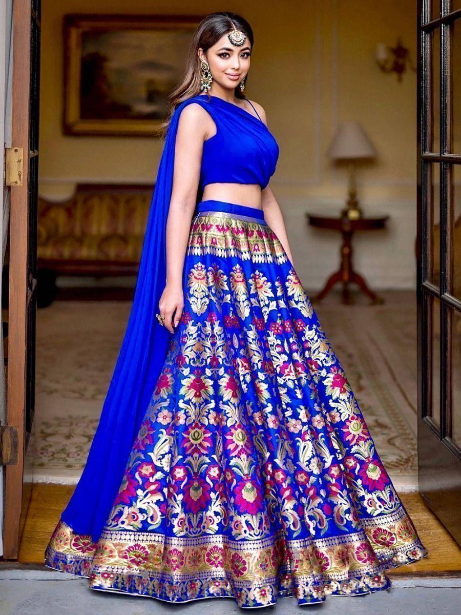 Party Wear Lehenga | Blue Banarasi Silk Crop Top with Pleated Dupatta