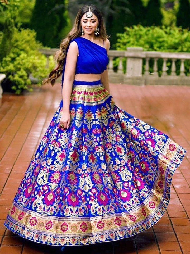 Party Wear Lehenga | Blue Banarasi Silk Crop Top with Pleated Dupatta