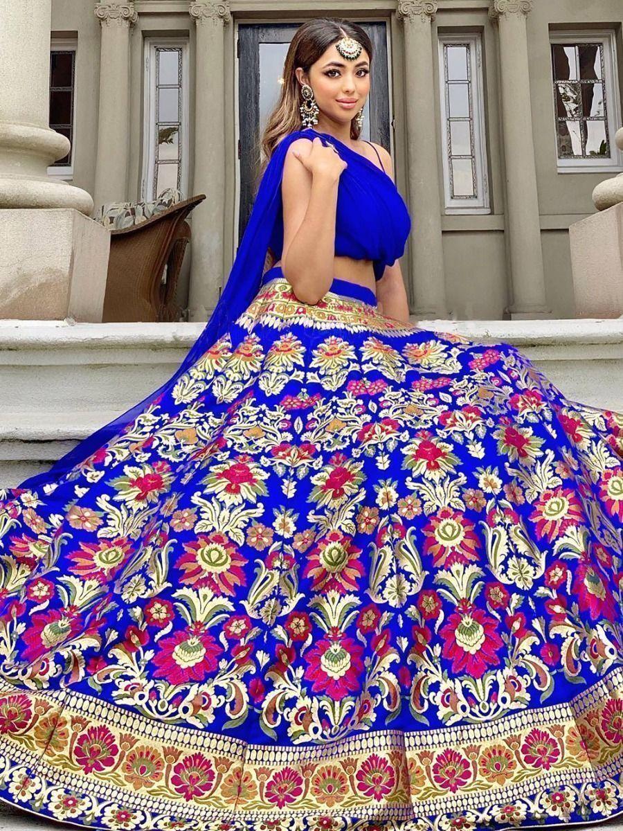 Party Wear Lehenga | Blue Banarasi Silk Crop Top with Pleated Dupatta