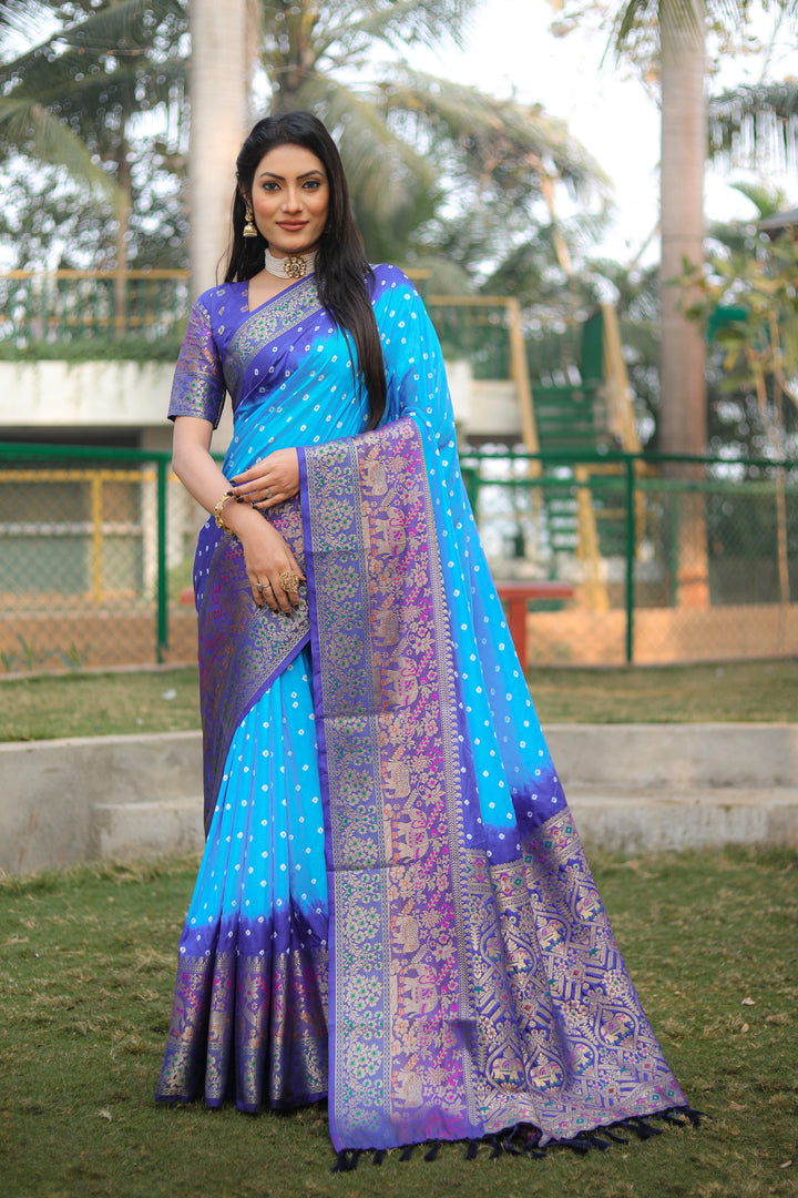 Sky-Blue Pure Bandhej Silk Saree with Kanjivaram border and Minakari pallu, perfect for weddings.