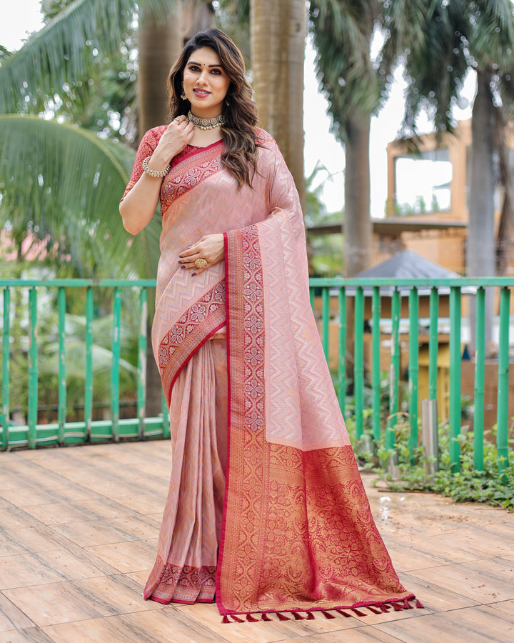 Pink Pure Kanjivaram Saree with Leheriya design and stunning heavy border for special occasions.