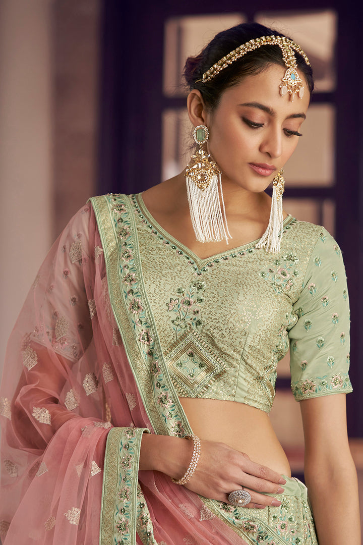 Designer Pista Green Lehenga | Sequins & Zarkan Festive Outfit