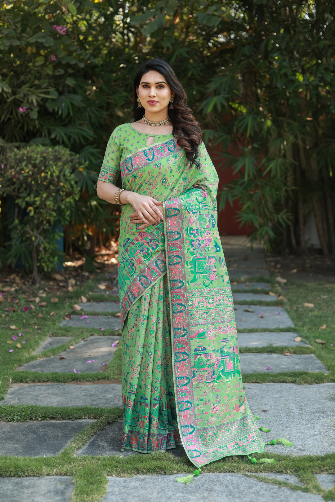 Stunning dark-peach Pashmina cotton saree with fine double-sided border and grand pallu, ideal for festive wear.