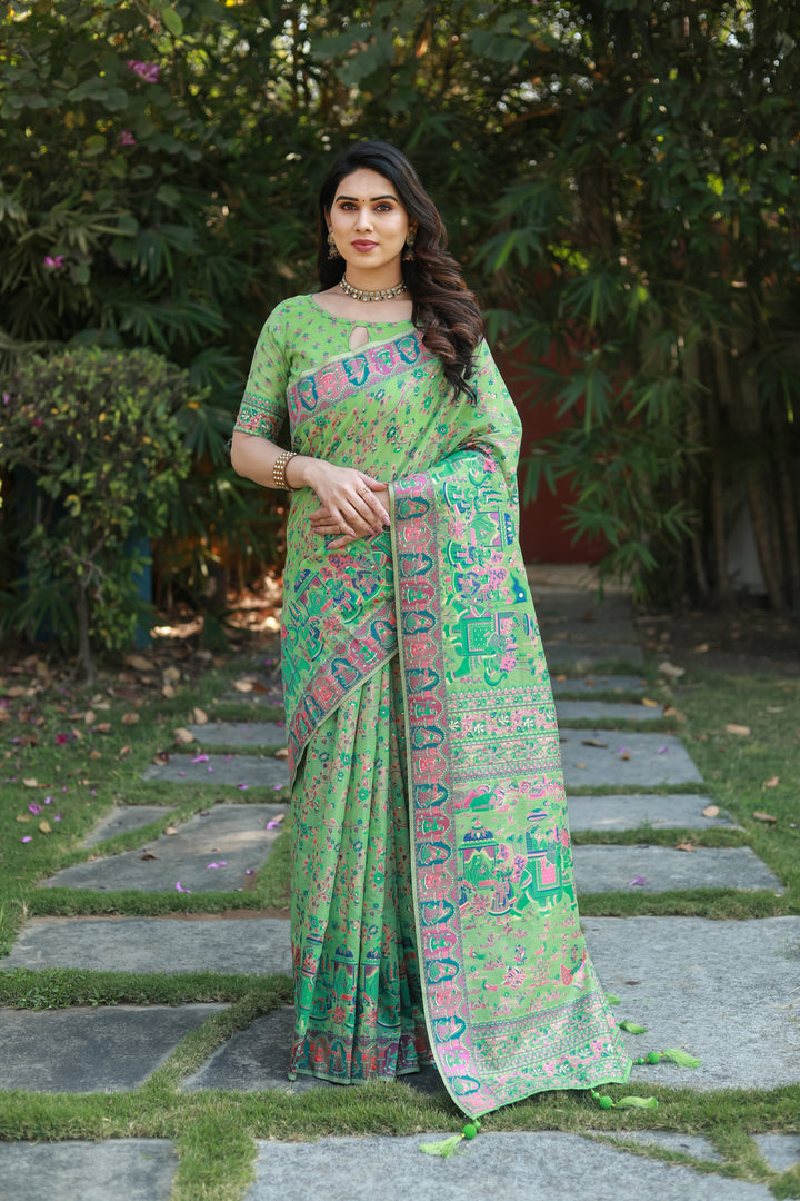 Stunning dark-peach Pashmina cotton saree with fine double-sided border and grand pallu, ideal for festive wear.